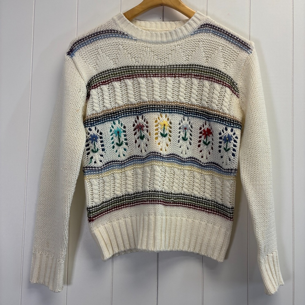 Vintage Trevor Women Embroidered Floral Cable Knit Sweater Size L Preppy Classic